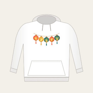 Five Glowing Paper Lanterns Hoodie in white: A string of five paper lanterns in coral, gold and teal glows against a dark ground.