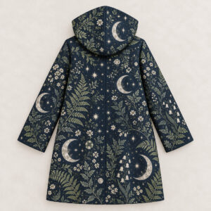 Back view of a long hooded coat with a midnight botanical moon-and-star print.