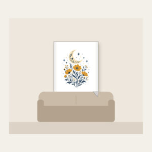 Crescent Moon over Ochre Wildflowers Fleece Blanket in white: A crescent moon floats over ochre wildflowers and pale star dots on a cream and navy illustration.