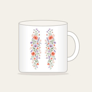 Drifting Wildflowers in Coral and Lilac Mug in white: Wildflowers in coral, lilac and sage drift in long lines across the artwork.