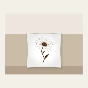 Single Daisy with Curved Stem Pillow in white: A single daisy with a curved stem in white and deep brown.