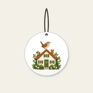 Wren on the Rooftop Ceramic Ornament in white: A small house with a wren on its roof in warm brown, cream and green.