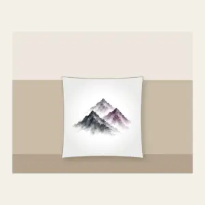 Three Overlapping Mountain Peaks Pillow in white: Three overlapping mountain peaks in charcoal grey and muted plum, painted in a restrained brush style.