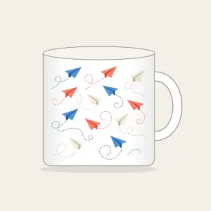 Paper Planes on Dotted Trails Mug in white: Little paper planes trail dotted paths in blue, coral and cream.