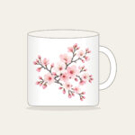 Cherry Blossom Branches on Grey Mug in white: Cherry blossom branches in pale rose and white bloom on a muted grey background.