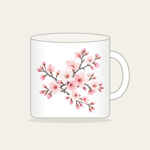 Cherry Blossom Branches on Grey Mug in white: Cherry blossom branches in pale rose and white bloom on a muted grey background.