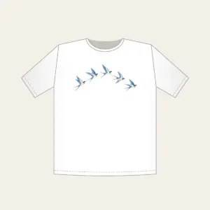 Five Swallows in a Gentle Arc T-Shirt in white: Five swallows in cream and sky blue fly in an arc along a fine dotted trail.