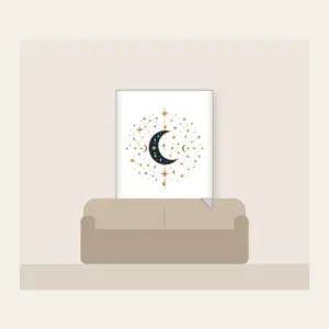 Gilded Constellations and Crescent Moons Fleece Blanket in white: Cream and gold constellations and crescent moons drift across a deep navy sky.