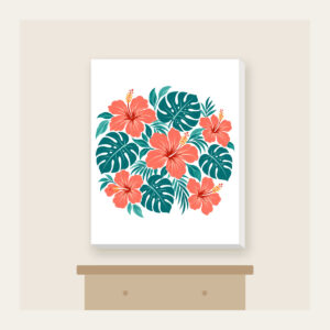 Coral Hibiscus and Monstera Leaves Canvas Print in white: Coral hibiscus flowers and teal monstera leaves repeat across a cream ground.