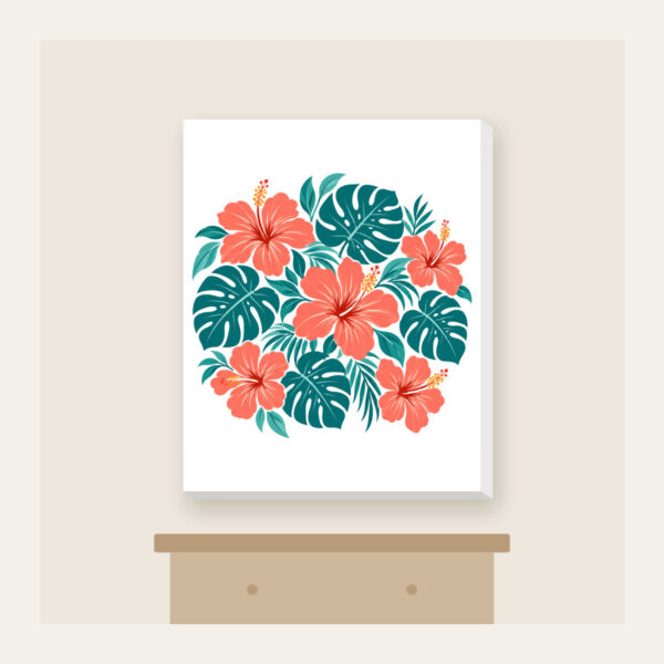 Product image Coral Hibiscus and Monstera Leaves Canvas Print
