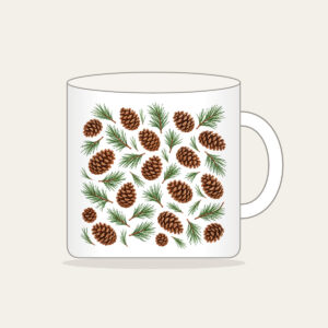 Scattered Pine Cones and Needles Mug in white: Pine cones and needles scatter in brown and green.