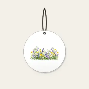 Wildflower Strip Beneath a Pale Sky Ceramic Ornament in white: A strip of yellow, purple and white wildflowers runs along the lower edge beneath a pale sky gradient.