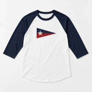 Pennant Day Baseball Tee with compact chest print of a three-point pennant in navy and red with one small cream star