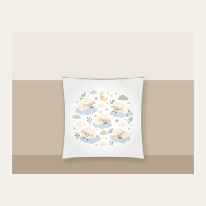 Sleepy Sheep and Clouds Pillow in white: Small clouds and sleeping sheep in cream, pale blue and sage on a light field.