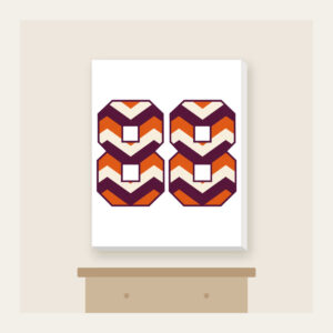 Plum Chevron Panels with Number 88 Canvas Print in white: Bold chevron panels in plum, burnt orange and cream, with the number “88” standing out in the middle.