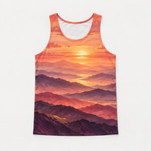 Sunset Ridge Sleeveless Tank with layered ridges against a warm sunset in coral, plum and gold