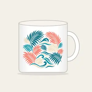 Palm Fronds and Wave Lines Mug in white: Palm fronds and flowing wave lines in teal, coral and cream.