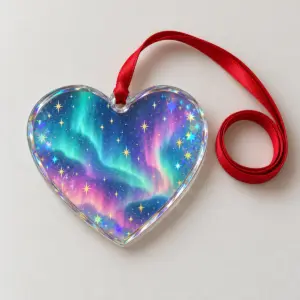 Aurora Heart Glass Ornament with a heart with a northern lights gradient in teal, violet and pink and tiny gold stars over a star hologram back