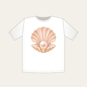 Scallop Shell Holding a Pearl T-Shirt in white: A scallop shell holds a single pearl in blush and sand tones.