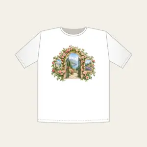 Rose Garden Gate Arch T-Shirt in white: An arched garden gate wrapped in blush and green climbing roses, with botanical and landscape scenes in its openings.