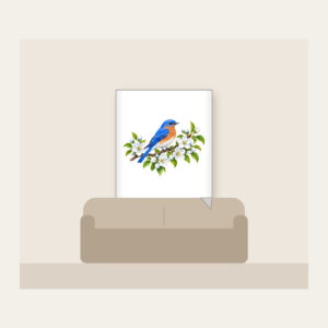 Bluebird on Blossoming Branch Fleece Blanket in white: A bluebird perches on a blossoming branch in blue, white and green.
