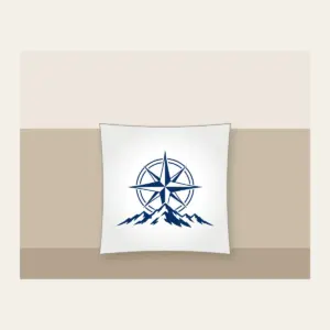 Compass Rose over a Ridge Line Pillow in white: A compass rose rests over a simple ridge line in navy and white.