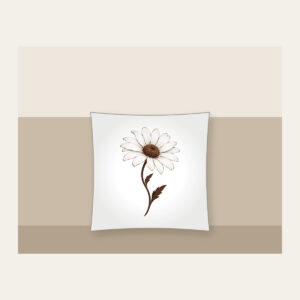 Single Daisy with Curved Stem Pillow in white: A single daisy with a curved stem in white and deep brown.