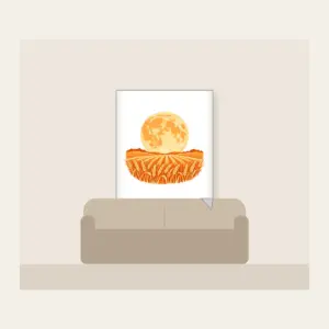 Harvest Moon over Wheat Fleece Blanket in white: A large orange harvest moon above rows of wheat in orange and cream.