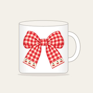 Red Gingham with Cherry Accents Mug in white: Red and cream gingham with tiny cherry motifs.