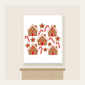 Gingerbread Houses and Candy Canes Canvas Print in white: Little gingerbread houses, candy canes and stars dance across cream in brown and red.