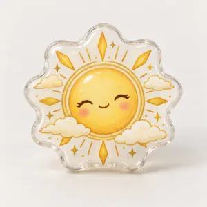 Rounded acrylic car clip printed with a golden sunbeam and tiny clouds
