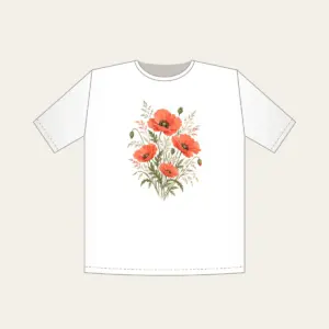 Poppies and Fine Grasses Illustration T-Shirt in white: Poppies and fine grasses drawn in coral and olive on a cream ground.