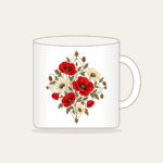 Poppy Diamond Garden Mug in white: Diamond lines hold scattered poppies in red, cream and olive.