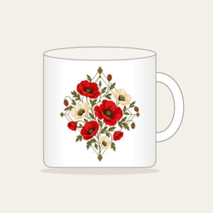 Poppy Diamond Garden Mug in white: Diamond lines hold scattered poppies in red, cream and olive.