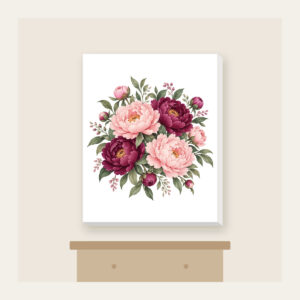 Blush and Plum Peony Blooms Canvas Print in white: Full peony blooms in blush, plum and sage fill the space in a lush repeating pattern.