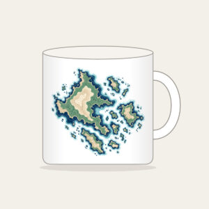 Topographic Coastline and Islands Map Mug in white: Topographic contours of a coastline and islands in navy, sea green and sand on cream.