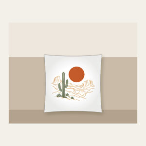 Desert Sun and Canyon Lines Pillow in white: A rust-orange sun disc over sparse canyon contour lines and one sage cactus silhouette, flat screen look.