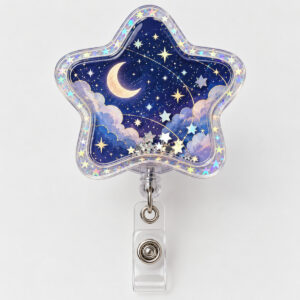 Starlight Shaker Badge Reel with a rounded star with a clear shaker window holding a few tiny silver star pieces over a printed navy sky