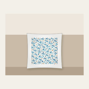 Tiny Waves and Pebbles Repeat Pillow in white: A small-scale repeat of waves and pebbles in navy, teal and sand.