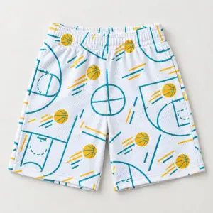 Youth mesh sports shorts printed with court lines and tiny basketballs in teal and yellow