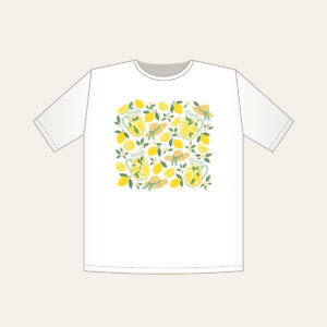 Lemonade Stand Pitchers and Lemons T-Shirt in white: Lemonade pitchers, lemons and tiny straw sunbonnets repeat in yellow, white and mint.