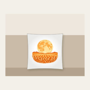 Harvest Moon over Wheat Pillow in white: A large orange harvest moon above rows of wheat in orange and cream.