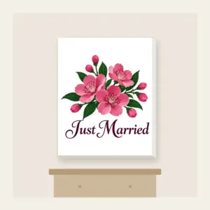 Cherry Blossoms and Just Married Wording Canvas Print in white: A cluster of cherry blossoms in deep rose pink and dark green, with the words “Just Married” in dark plum below.