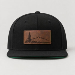 Engraved Pine Patch Snapback with engraved-style leather patch showing a pine tree and a ridge outline on the front panel