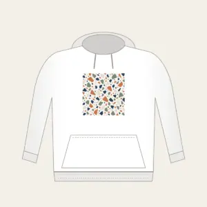 Chip Terrazzo in Terracotta and Navy Hoodie in white: An all-over terrazzo of chips in terracotta, sage, navy and cream on a warm white field.