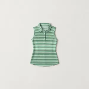 Fairway Stripe Sleeveless Polo with fine fairway stripes in green and white with a small gold tee mark at the chest