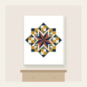 Star Medallion Patchwork Canvas Print in white: An eight-point star medallion in navy, cream and rust with mustard and sage patchwork squares.