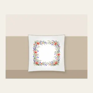 Roadside Wildflower Border Pillow in white: A loose border of coral, violet and green wildflowers and grasses along the edges, leaving the center open.