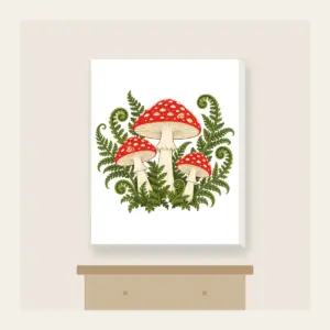 Red Toadstool Trio with Curling Ferns Canvas Print in white: Three red-capped mushrooms with curling ferns in cream, red and moss green.