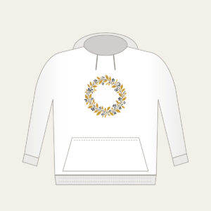 Gold Botanical Leaf and Berry Wreath Hoodie in white: A fine botanical wreath of leaves and berries drawn in dark lines on a gold ground.
